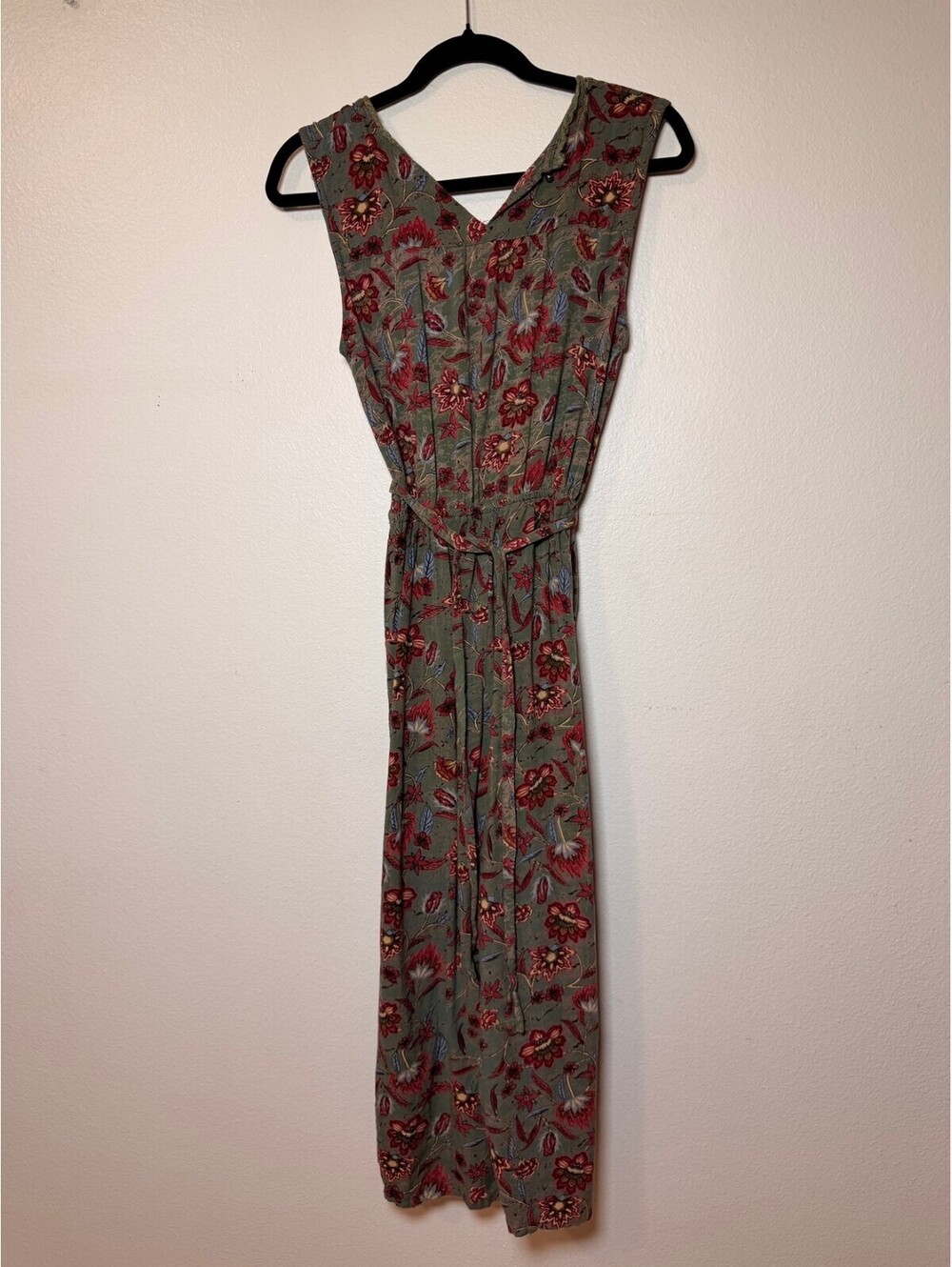 Angie Green Floral Jumpsuit S Wide Leg V Neck Tie Waist Rayon